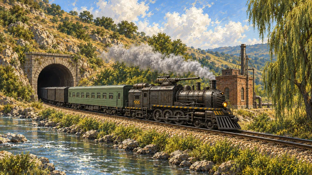 Briefing art, Nascente: the train leaves the valley tunnel beside the river (Chapter I).